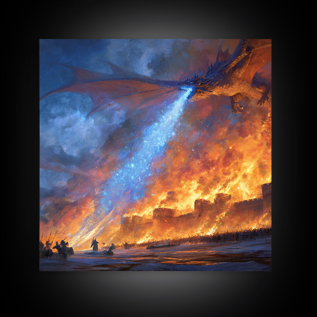 Blue Fire Dragon Siege Wall Art, Epic Fantasy Canvas Print, Medieval Castle Battle Decor, Large Gamer Room Wall Decor Gift For Him