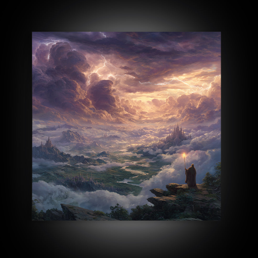 Storm Wizard Over Cloud Kingdom Wall Art, Epic Fantasy Landscape Canvas Print, Dark Academia Office Decor, Large Gift For Him