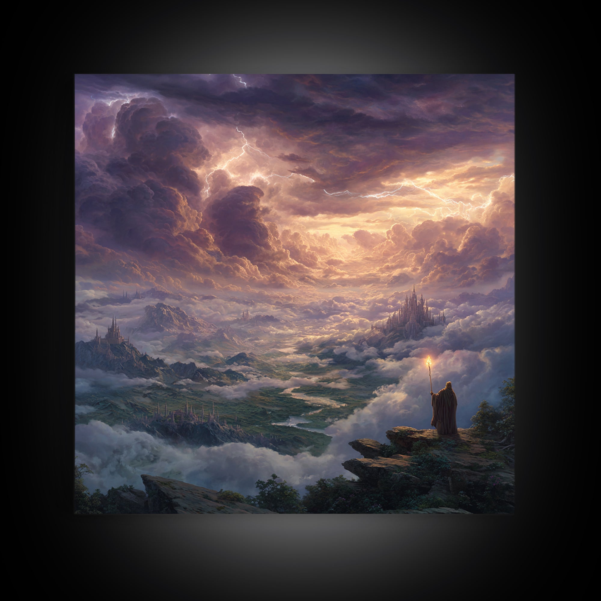 Storm Wizard Over Cloud Kingdom Wall Art, Epic Fantasy Landscape Canvas Print, Dark Academia Office Decor, Large Gift For Him