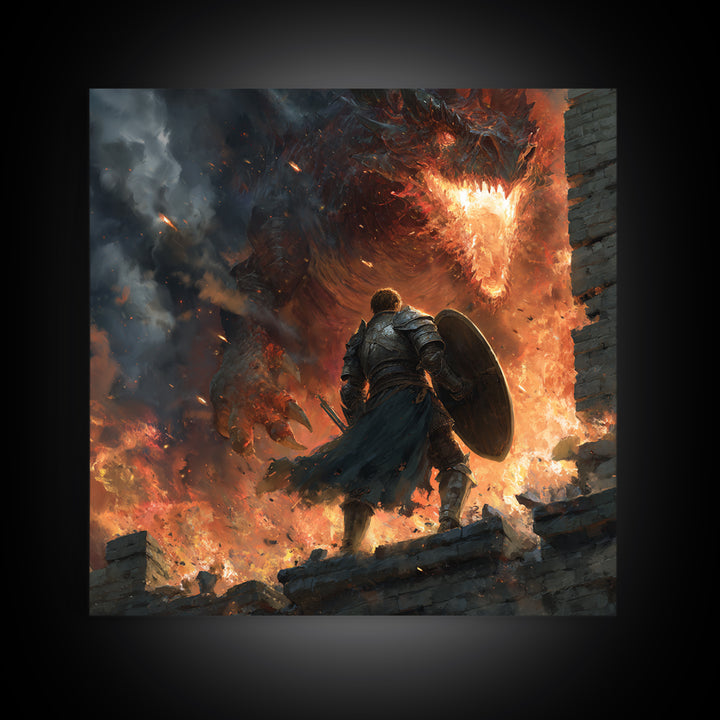 Knight Facing Fire Dragon Wall Art, Dark Fantasy Canvas Print, Medieval Battle Decor, Large Gothic Gamer Room Gift For Him