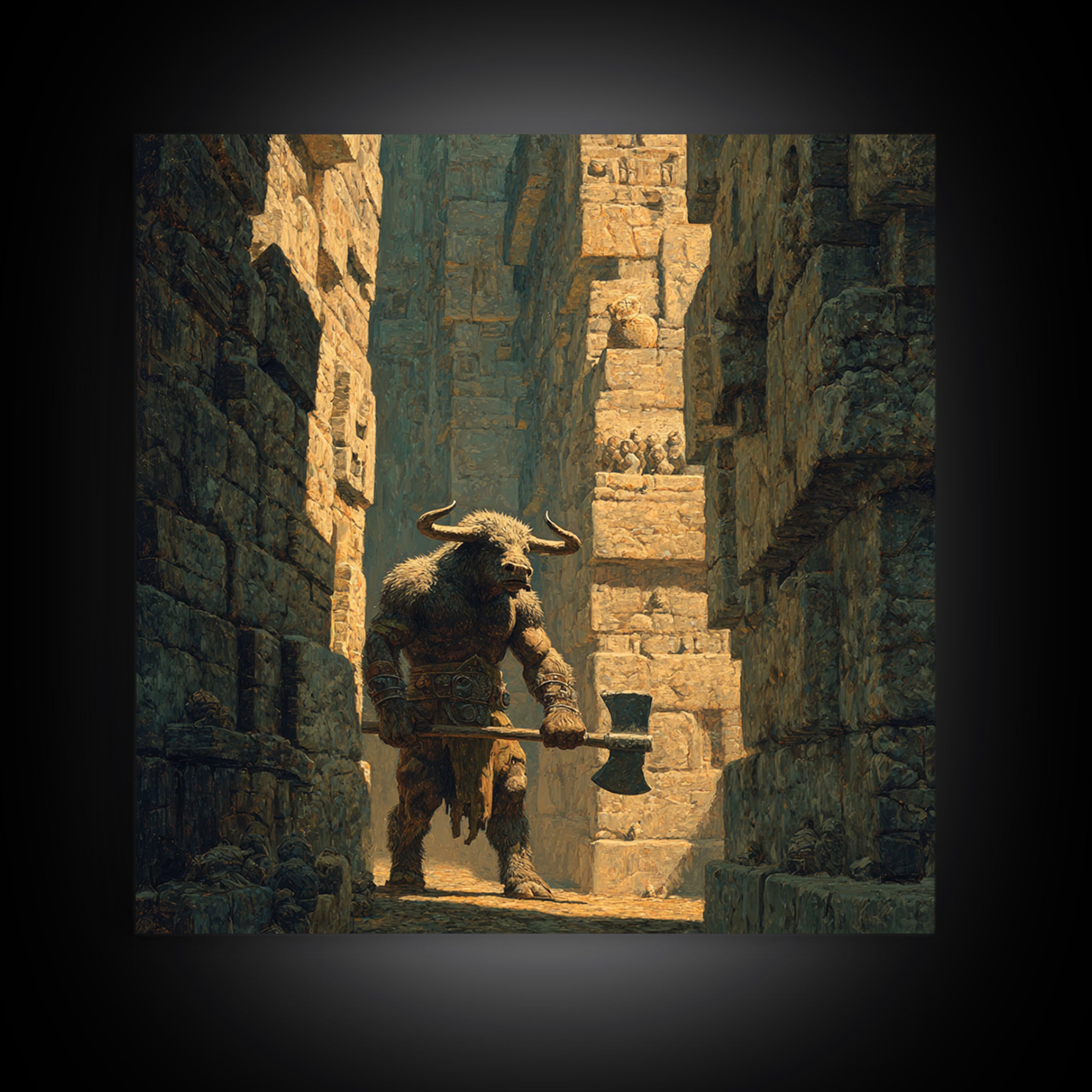 Minotaur In Ancient Stone Alley Wall Art, Mythological Fantasy Canvas Print, Rustic Medieval Decor, Man Cave Gift For Him