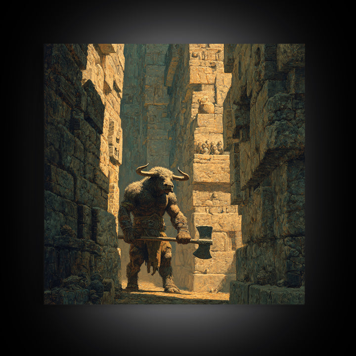 Minotaur In Ancient Stone Alley Wall Art, Mythological Fantasy Canvas Print, Rustic Medieval Decor, Man Cave Gift For Him