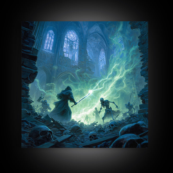 Wizard Versus Skeleton Army Wall Art, Gothic Fantasy Canvas Print, Dark Cathedral Magic Decor, Spooky Halloween Gift For Him