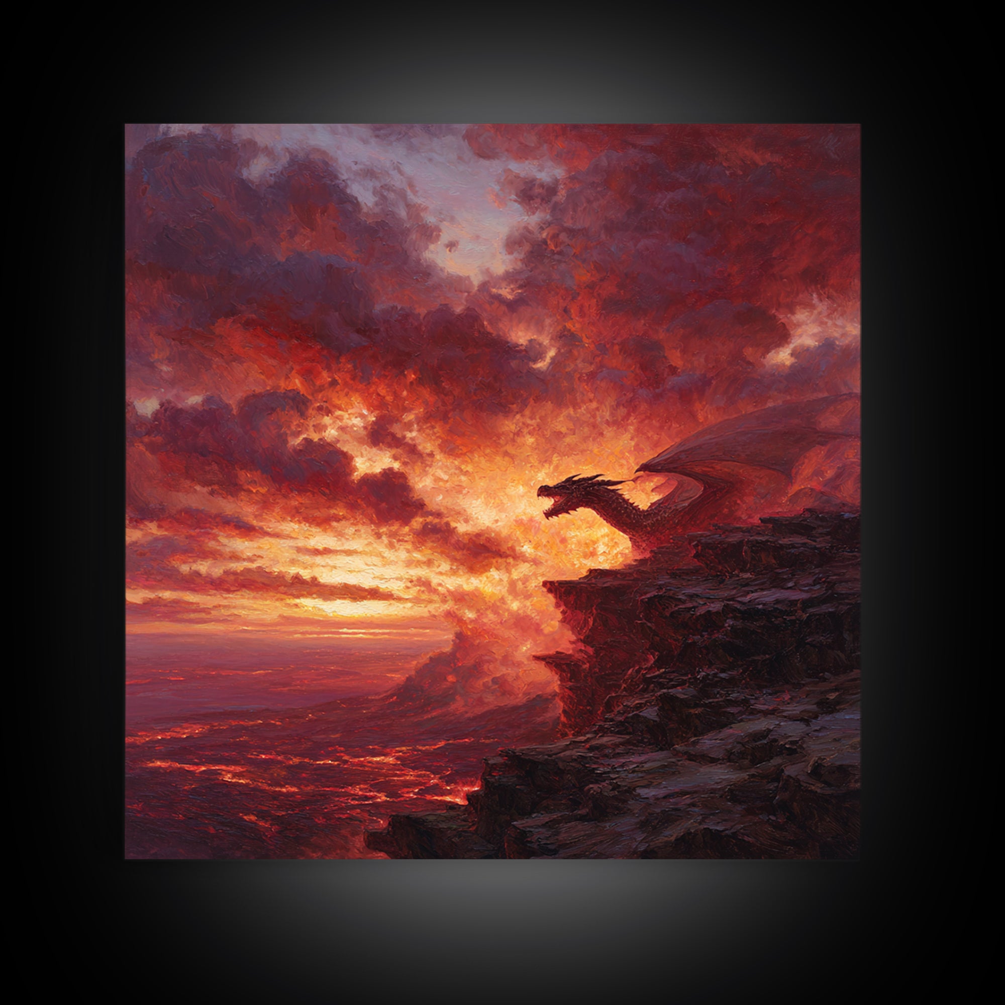 Red Dragon At Volcanic Sunset Wall Art, Dark Fantasy Canvas Print, Lava Landscape Decor, Large Moody Gamer Room Gift For Him