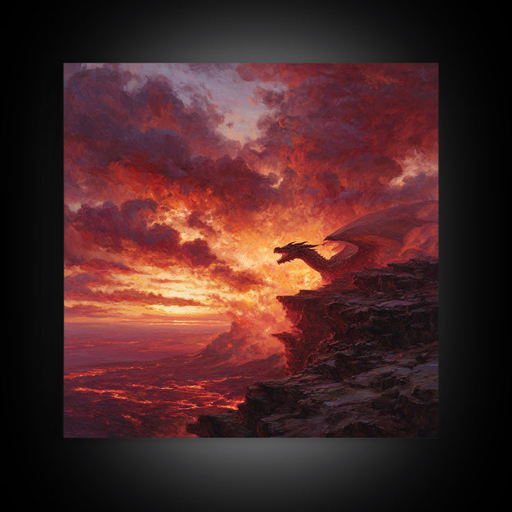Red Dragon At Volcanic Sunset Wall Art, Dark Fantasy Canvas Print, Lava Landscape Decor, Large Moody Gamer Room Gift For Him