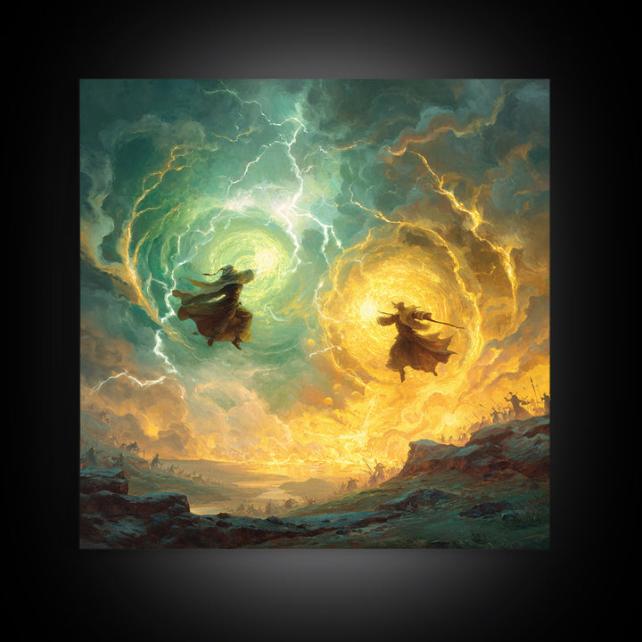 Dueling Mages With Lightning Portals Wall Art, Epic Fantasy Canvas Print, Magical Landscape Decor, Large Gamer Room Gift For Him
