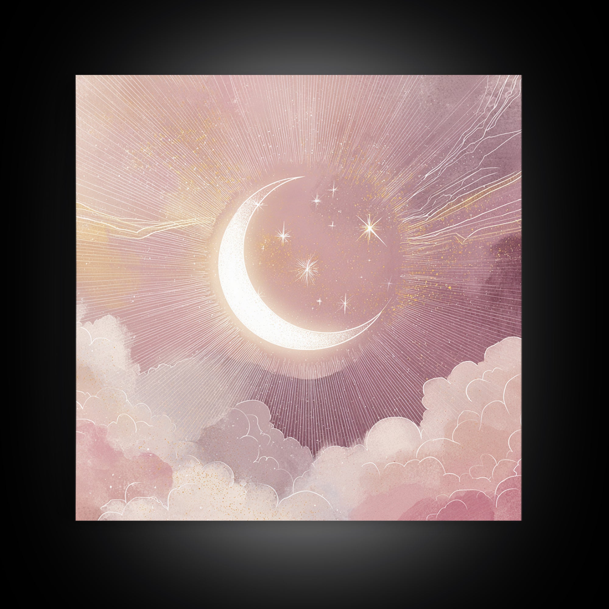 Crescent Moon In Pink Clouds With Stars Wall Art, Celestial Nursery Decor, Mystical Pastel Bedroom Print, Boho Moon Gift