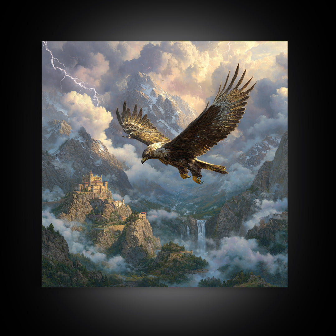 Soaring Eagle Over Stormy Mountain Castle Wall Art, Fantasy Landscape Canvas, Dramatic Wildlife Decor, Epic Gift For Him