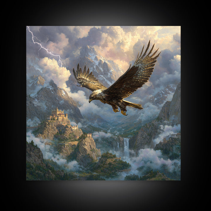 Soaring Eagle Over Stormy Mountain Castle Wall Art, Fantasy Landscape Canvas, Dramatic Wildlife Decor, Epic Gift For Him