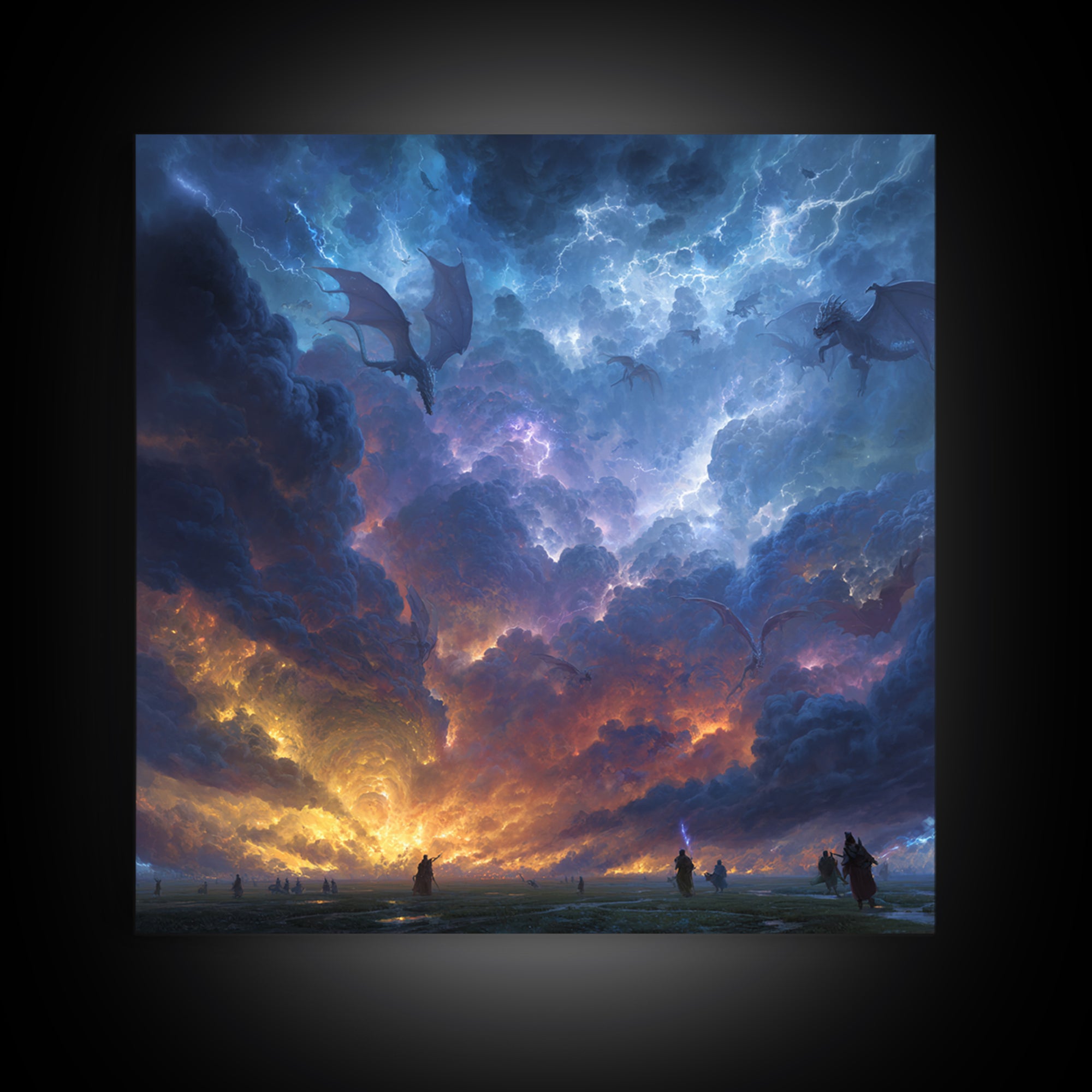 Lightning Dragons In Storm Clouds Canvas Print, Dark Fantasy Wall Art, Epic Gaming Room Decor, Dramatic Sky Gift For Him