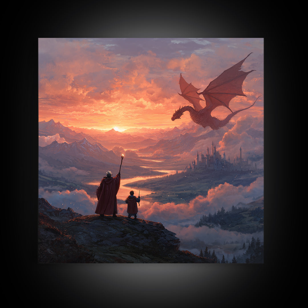 Sunset Dragon Over Mountain Valley Framed Canvas Print, Fantasy Castle Wall Art, Wizard Adventure Decor, Epic Gift For Him