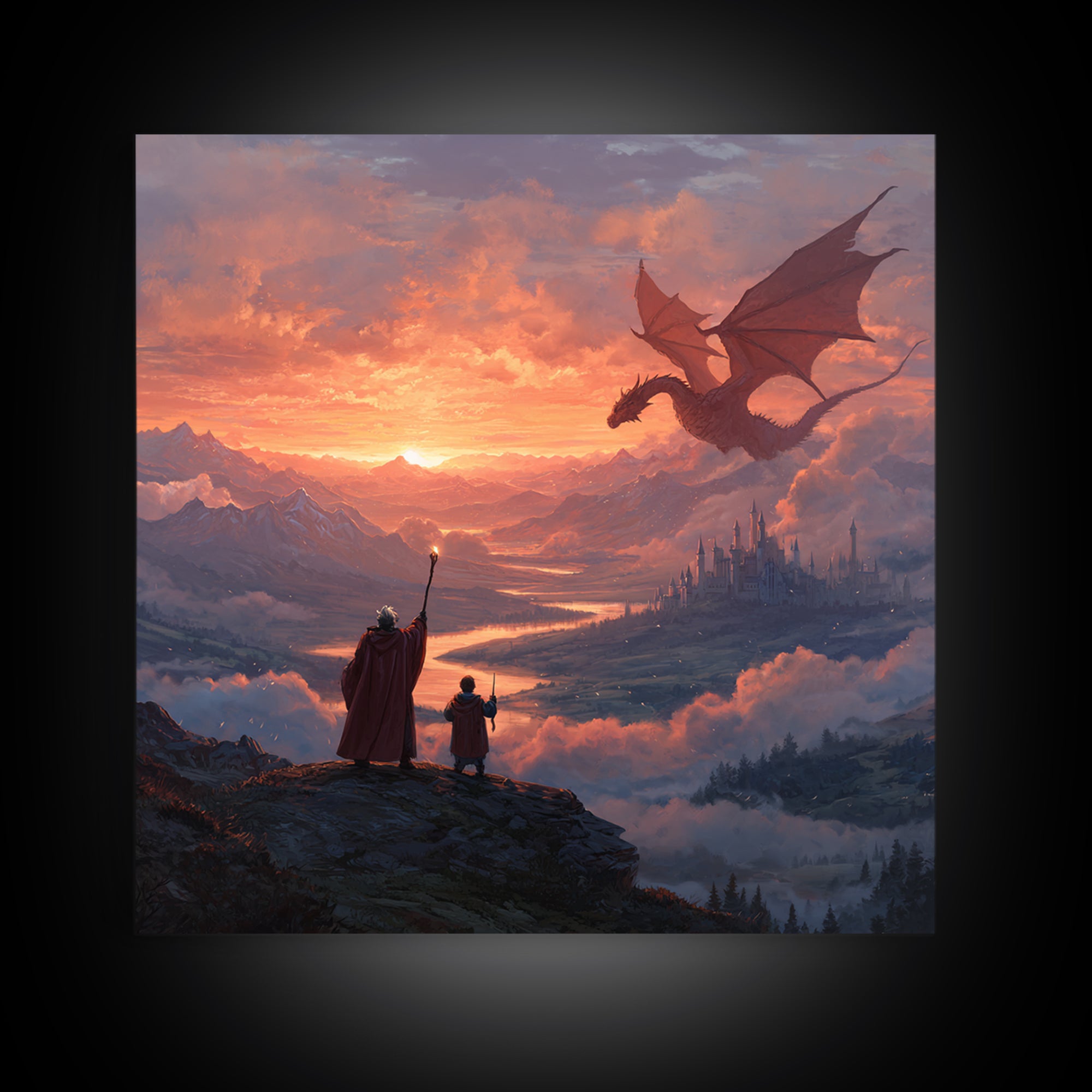 Sunset Dragon Over Mountain Valley Framed Canvas Print, Fantasy Castle Wall Art, Wizard Adventure Decor, Epic Gift For Him
