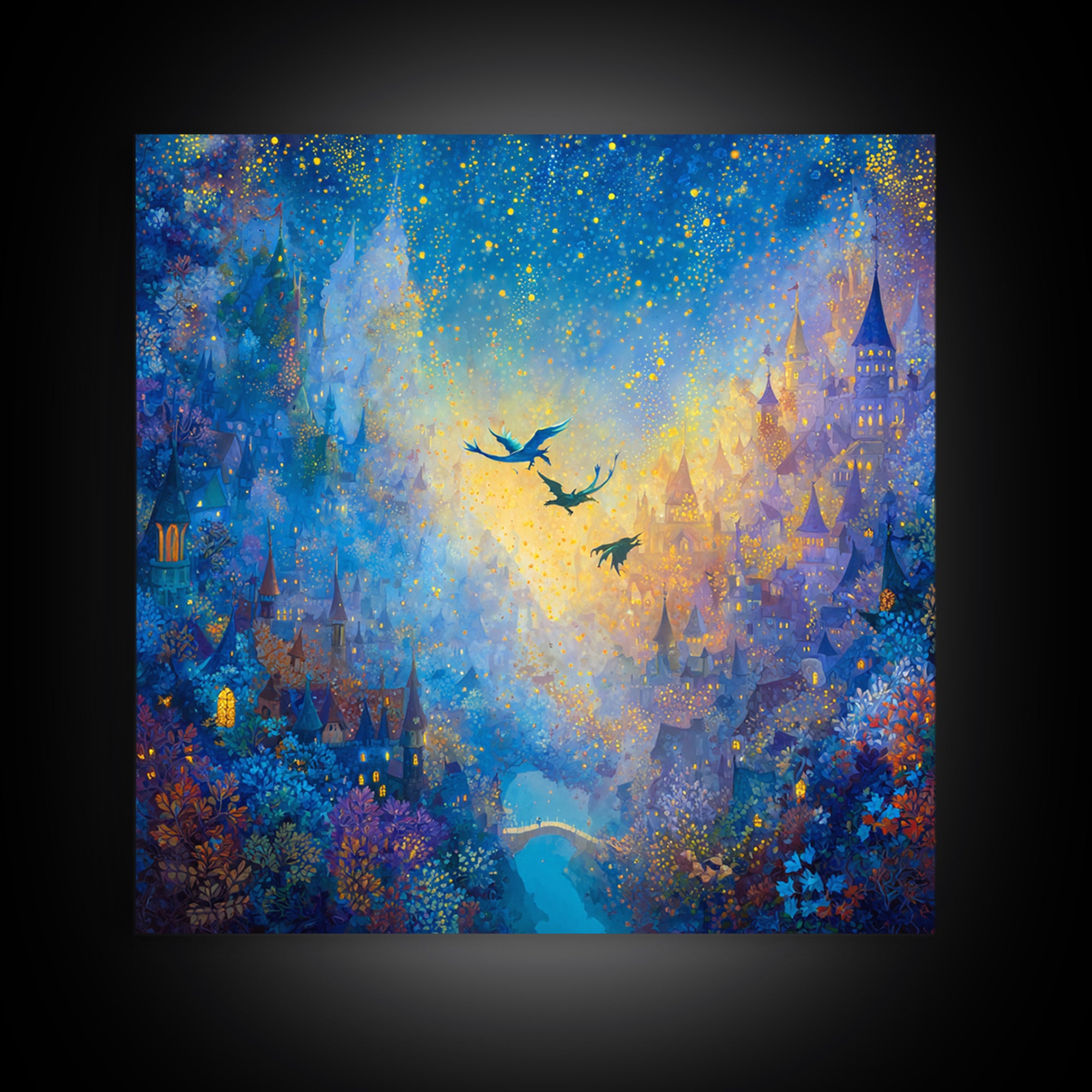 Blue Enchanted City With Golden Stars Canvas Print, Whimsical Fairy Tale Wall Art, Fantasy Castle Decor, Magical Gift For Her