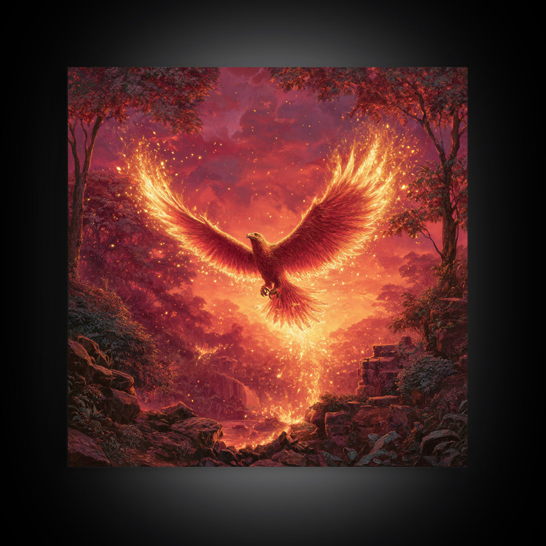 Fiery Phoenix Rising In Red Forest Canvas Print, Mythical Bird Wall Art, Epic Fantasy Wildlife Decor, Dramatic Gift For Her