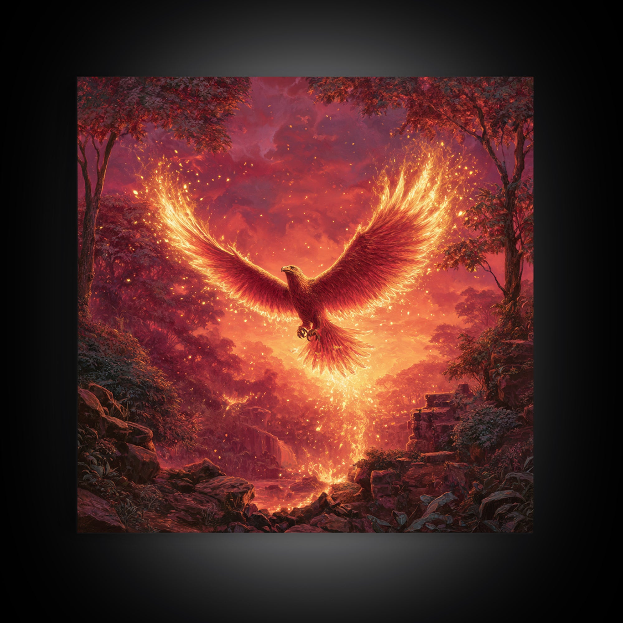 Fiery Phoenix Rising In Red Forest Canvas Print, Mythical Bird Wall Art, Epic Fantasy Wildlife Decor, Dramatic Gift For Her