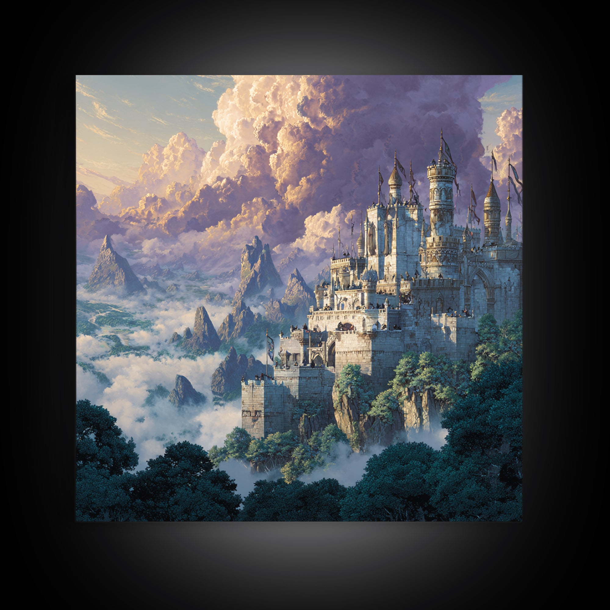 Majestic White Castle Above Clouded Mountains Wall Art, Fantasy Landscape Canvas Print, Fairytale Home Decor Gift For Her