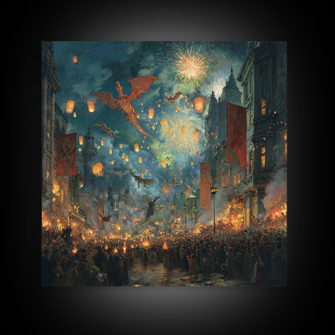 Dragon Festival Over Lantern Lit Medieval City Canvas Print, Fantasy Celebration Wall Art, Fireworks Decor, Epic Gift For Him