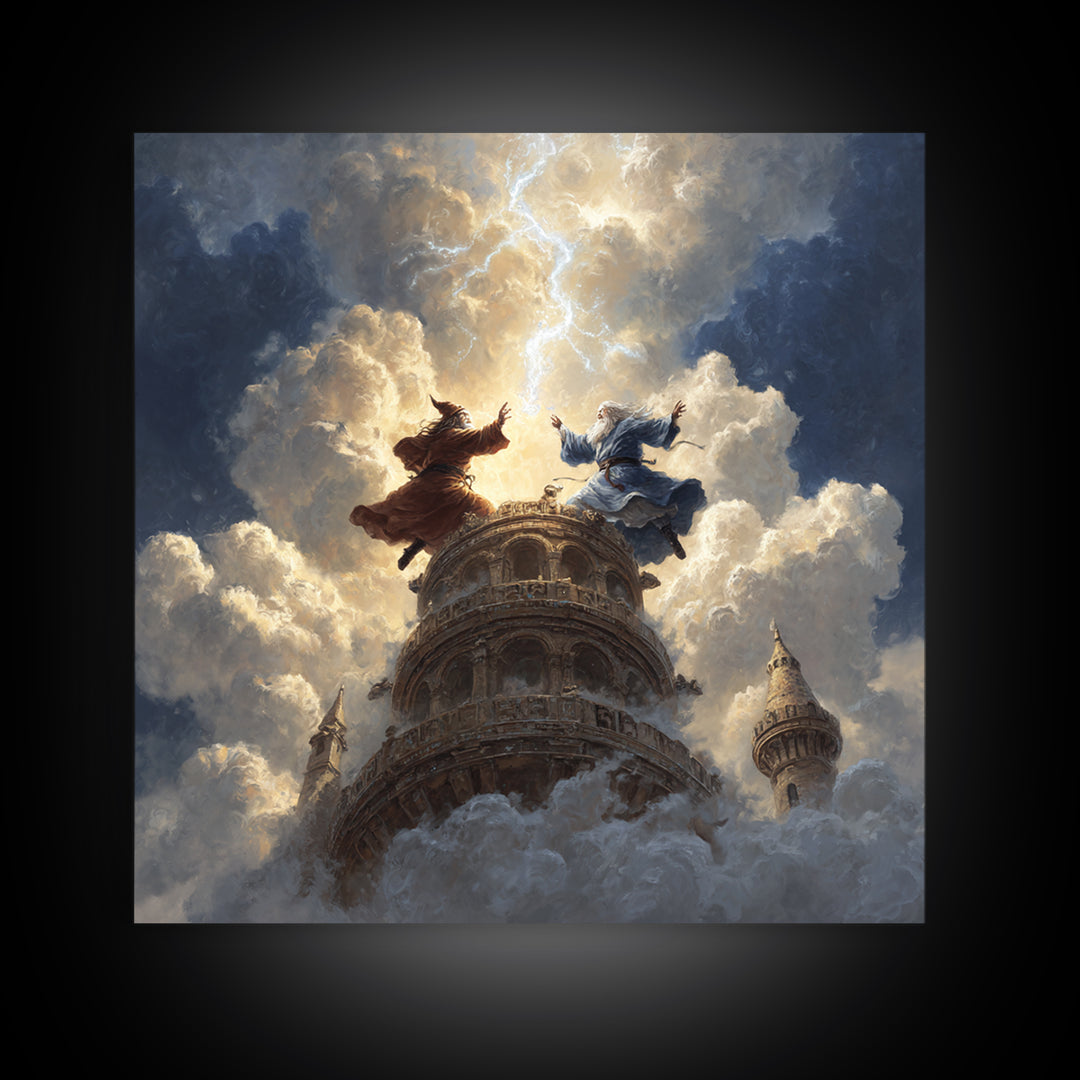 Wizards Dueling Atop Tower In Storm Clouds Wall Art, Dark Fantasy Canvas Print, Lightning Magic Decor, Epic Gift For Him