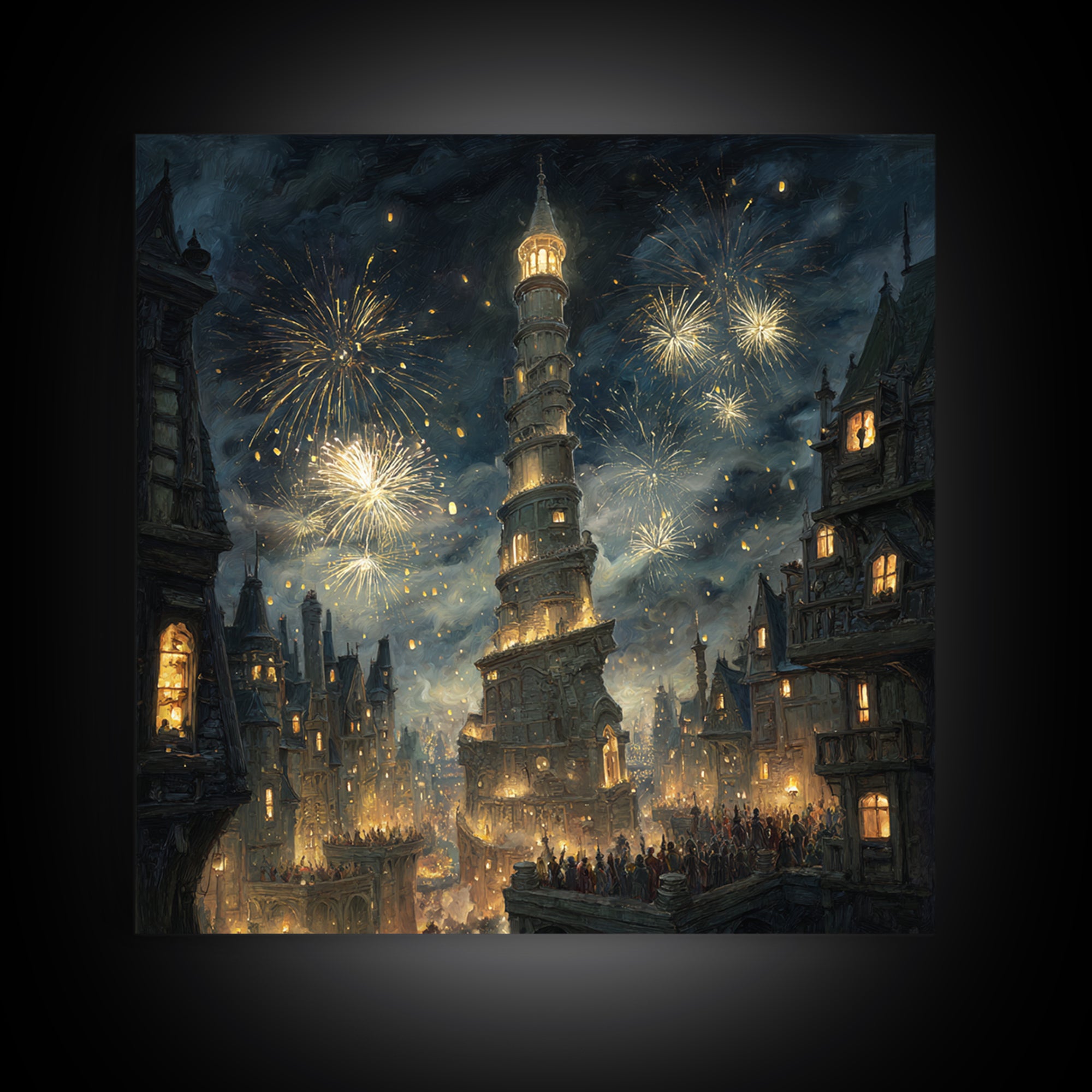 Fireworks Over Leaning Fantasy Tower Framed Canvas Print, Medieval Magical City Wall Art, Night Festival Decor, Gift For Her