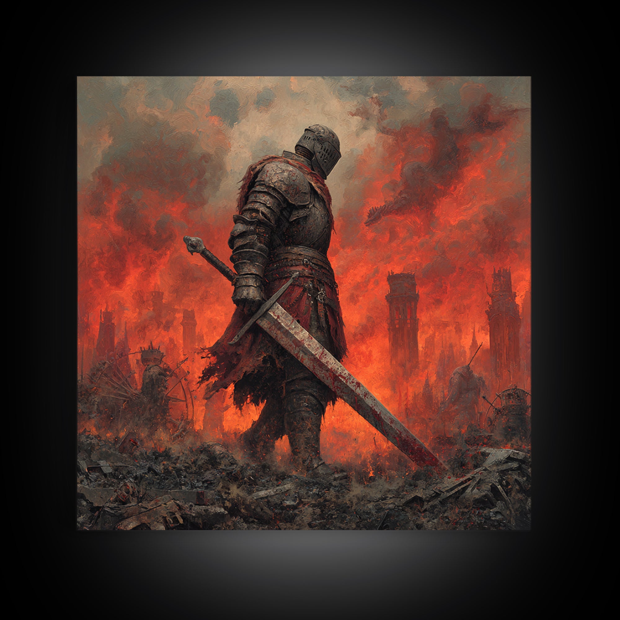 Armored Knight In Burning Battlefield Wall Art, Dark Fantasy Canvas Print, Medieval Warrior Decor, Gothic Game Room Art Print