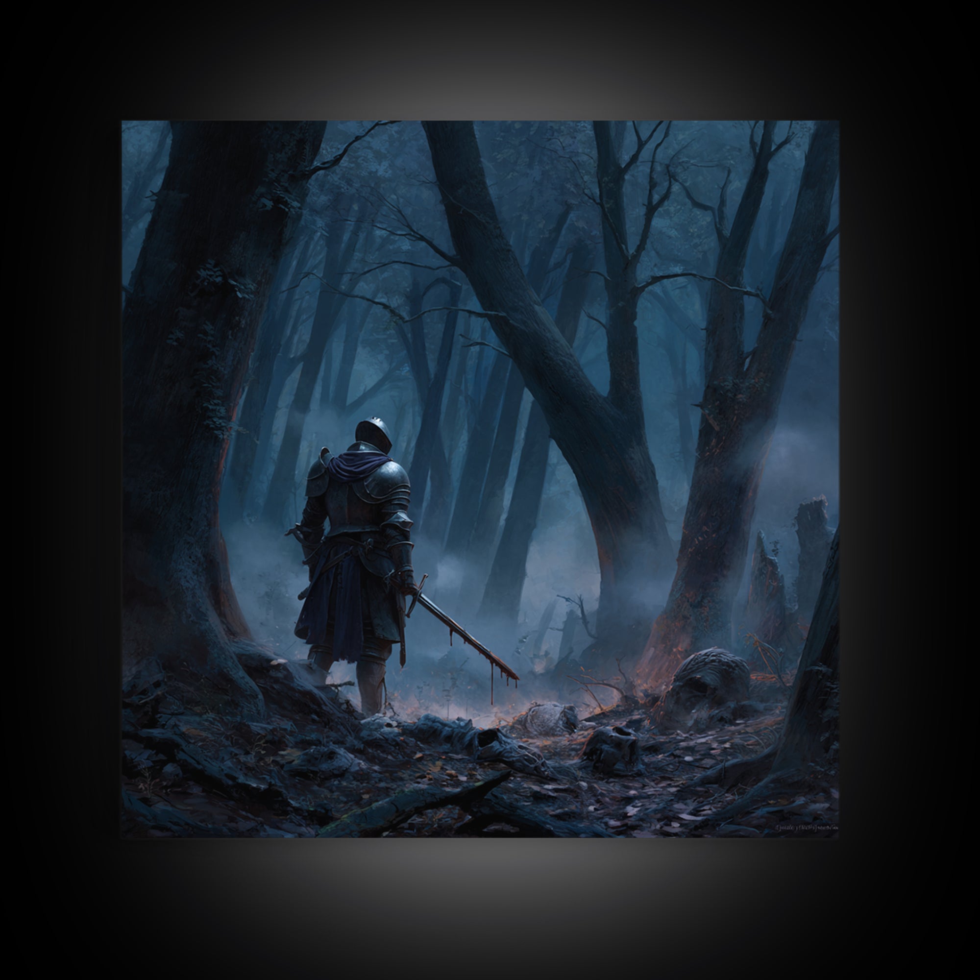 Lone Knight In Misty Blue Forest Wall Art, Dark Fantasy Canvas Print, Medieval Warrior Decor, Gothic Office Art Print Gift