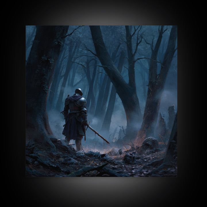 Lone Knight In Misty Blue Forest Wall Art, Dark Fantasy Canvas Print, Medieval Warrior Decor, Gothic Office Art Print Gift