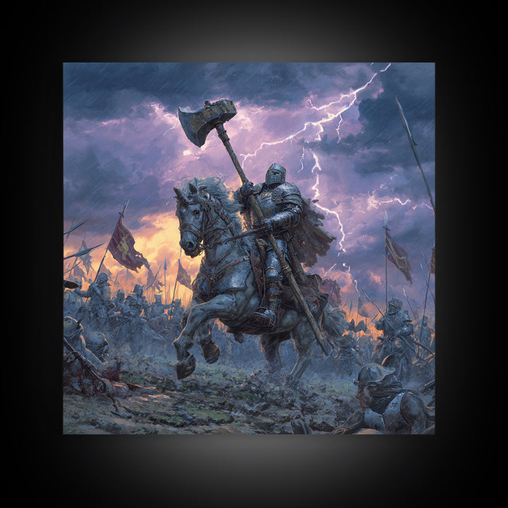 Mounted Knight With War Axe Wall Art, Medieval Battle Canvas Print, Stormy Fantasy Decor, Gothic Warrior Gift For Him Print