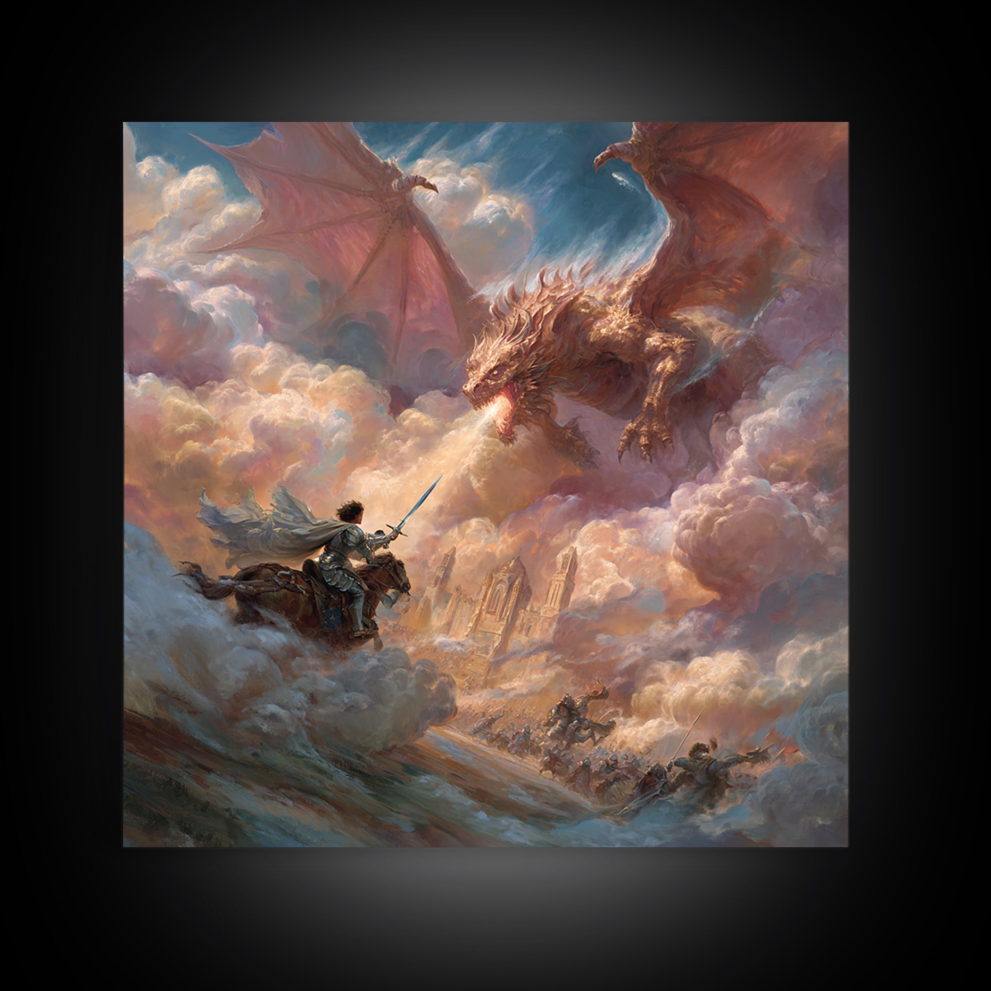 Hero Knight Facing Twin Dragons Wall Art, Epic Fantasy Canvas Print, Dragon Battle Decor, Medieval Adventure Gift For Him