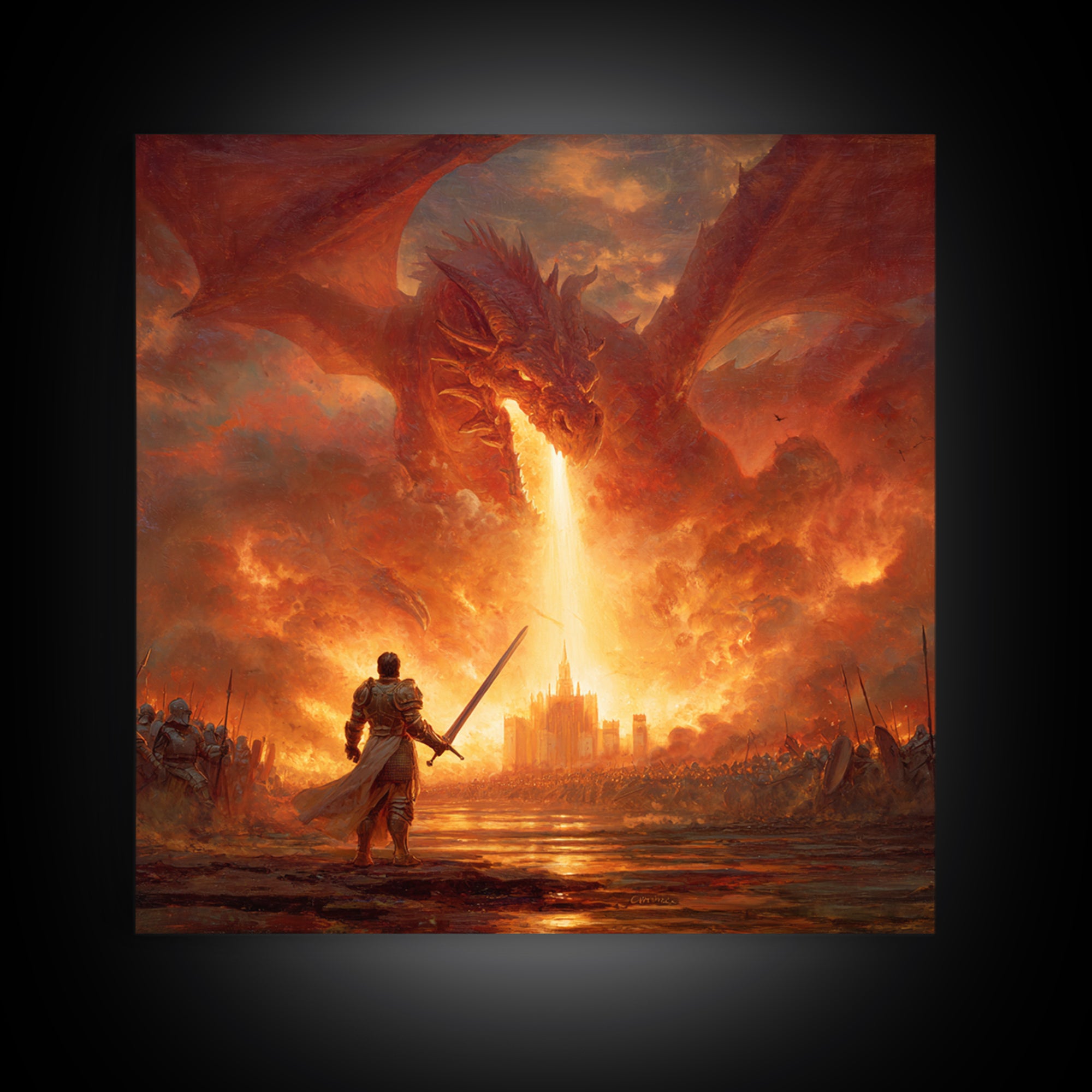 Giant Fire Dragon Over Castle Wall Art, Epic Fantasy Canvas Print, Large Medieval Battle Decor, Dragon Lover Gift For Him