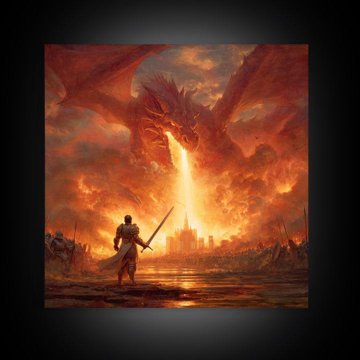 Giant Fire Dragon Over Castle Wall Art, Epic Fantasy Canvas Print, Large Medieval Battle Decor, Dragon Lover Gift For Him