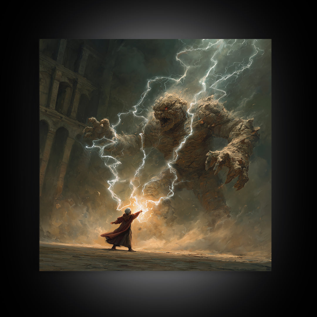 Wizard Battling Lightning Stone Golem Wall Art, Dark Fantasy Canvas Print, Magic Ruins Decor, Epic Sorcerer Art Gift Print