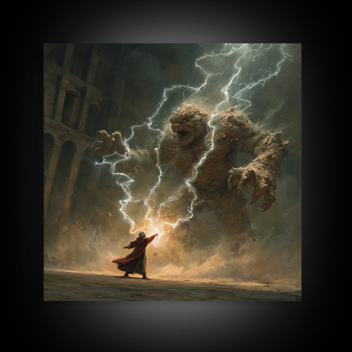 Wizard Battling Lightning Stone Golem Wall Art, Dark Fantasy Canvas Print, Magic Ruins Decor, Epic Sorcerer Art Gift Print