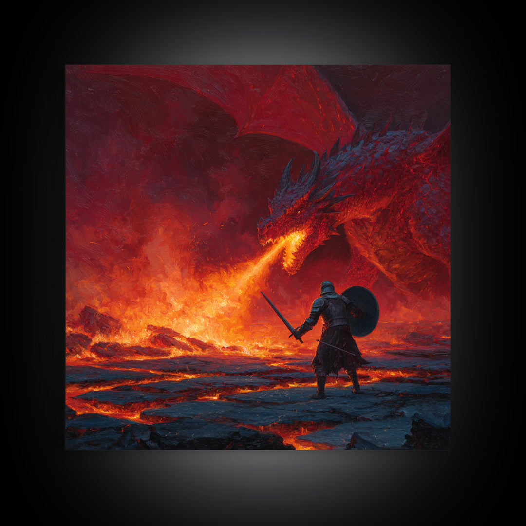 Red Dragon Breathing Fire At Knight Wall Art, Dark Fantasy Canvas Print, Lava Battle Decor, Gothic Medieval Art Gift Print