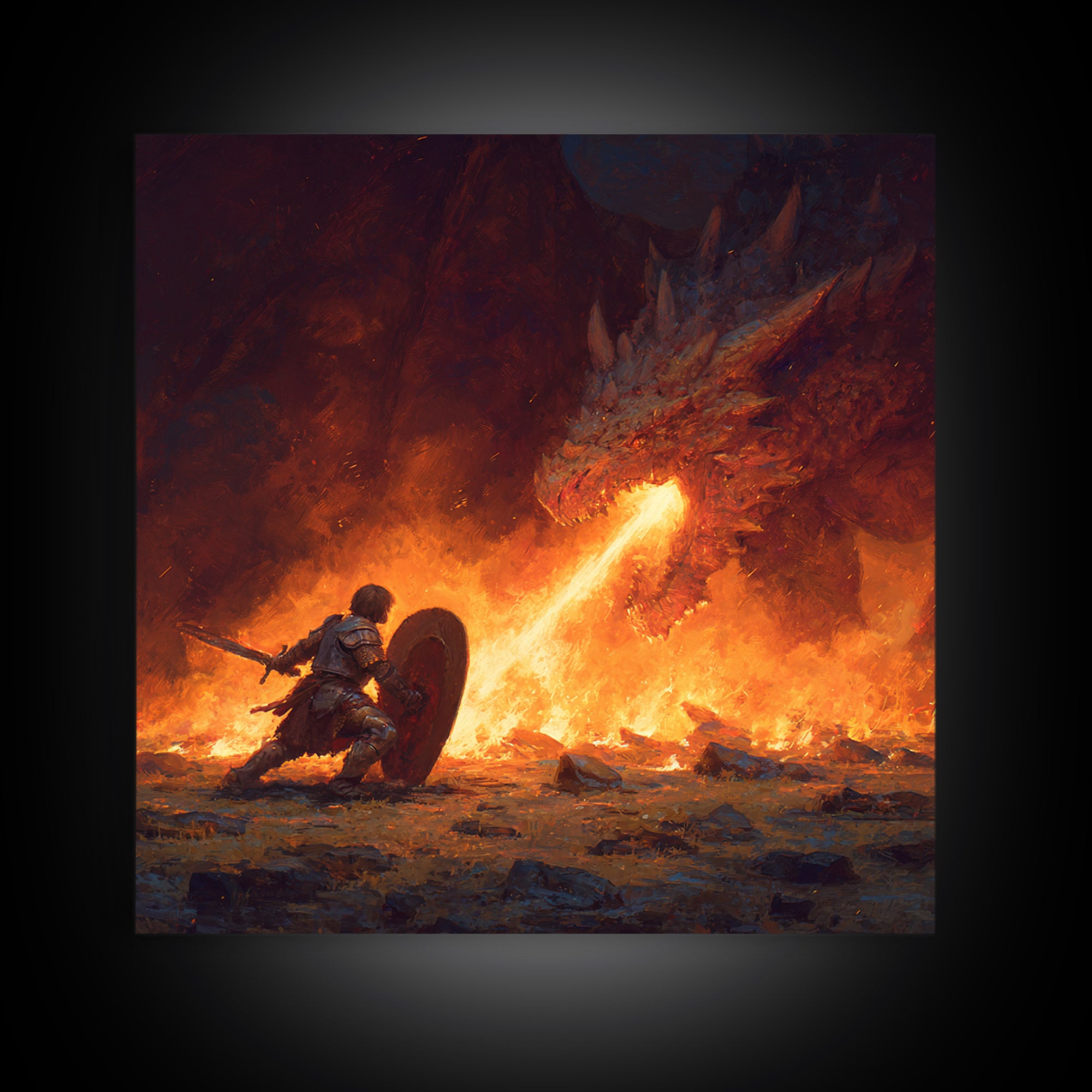 Knight Shielding From Dragon Fire Wall Art, Fantasy Canvas Print, Medieval Battle Decor, Gothic Warrior Gift For Him Print