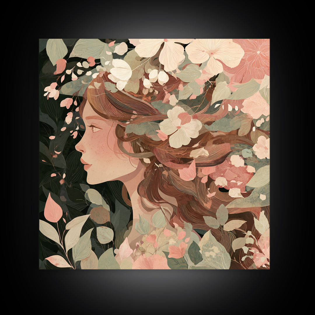 Botanical Woman Profile With Flowing Hair And Cream Flowers Wall Art, Art Nouveau Floral Print, Feminine Boho Living Room Decor Gift