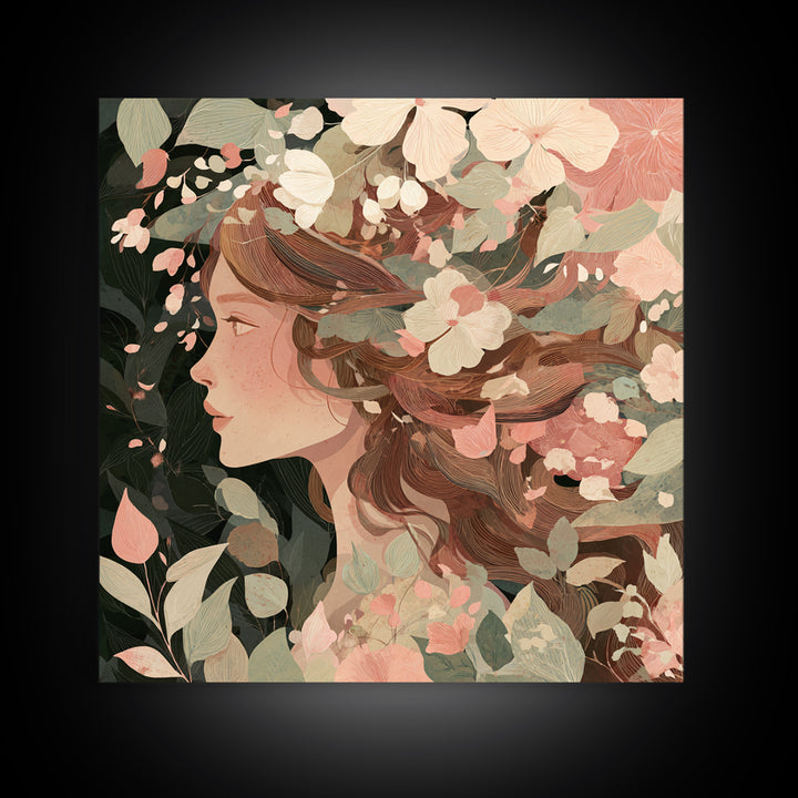 Botanical Woman Profile With Flowing Hair And Cream Flowers Wall Art, Art Nouveau Floral Print, Feminine Boho Living Room Decor Gift
