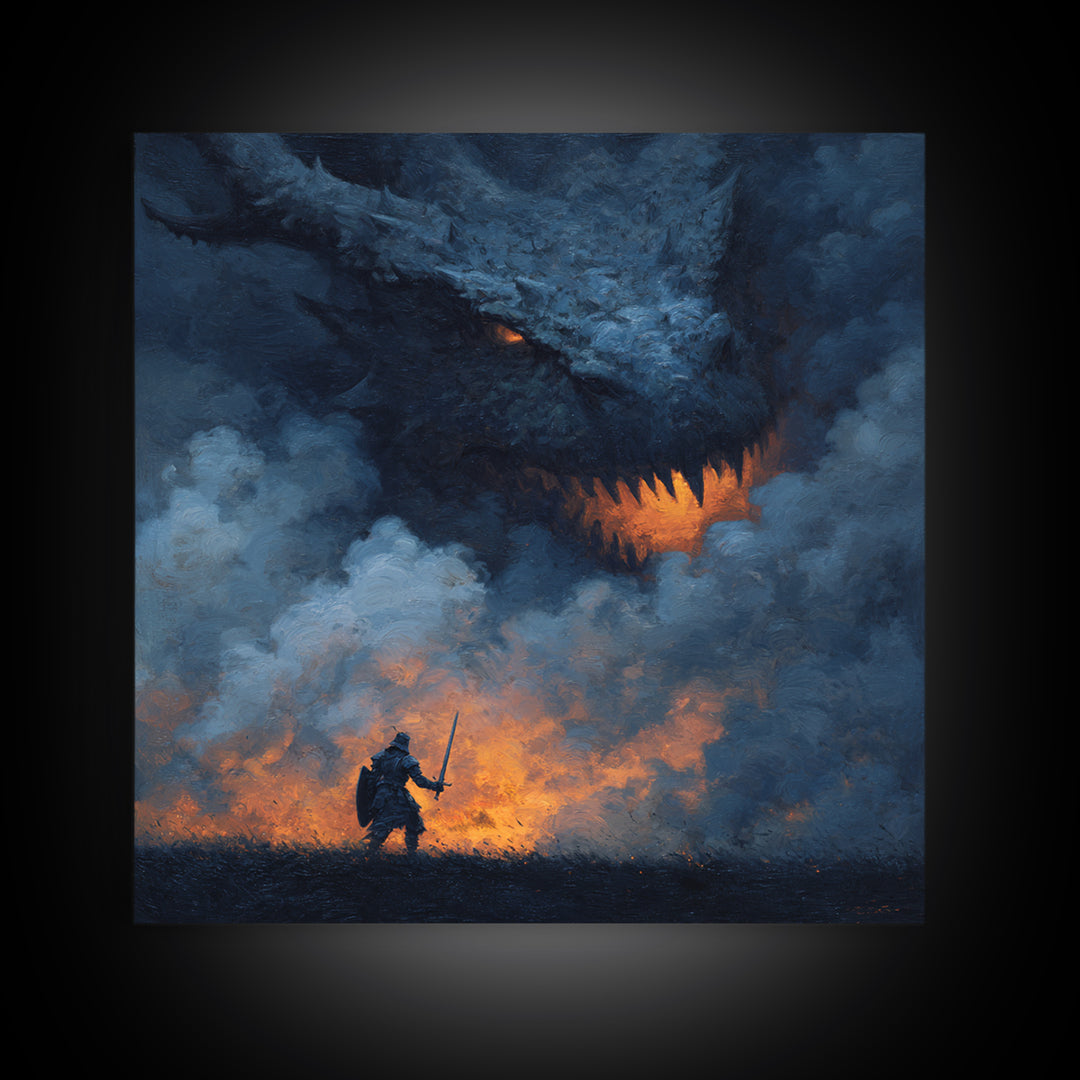 Dragon Looming Over Lone Knight In Smoke, Dark Fantasy Wall Art, Medieval Warrior Canvas Print, Gothic Game Room Decor Gift