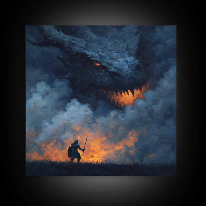 Dragon Looming Over Lone Knight In Smoke, Dark Fantasy Wall Art, Medieval Warrior Canvas Print, Gothic Game Room Decor Gift