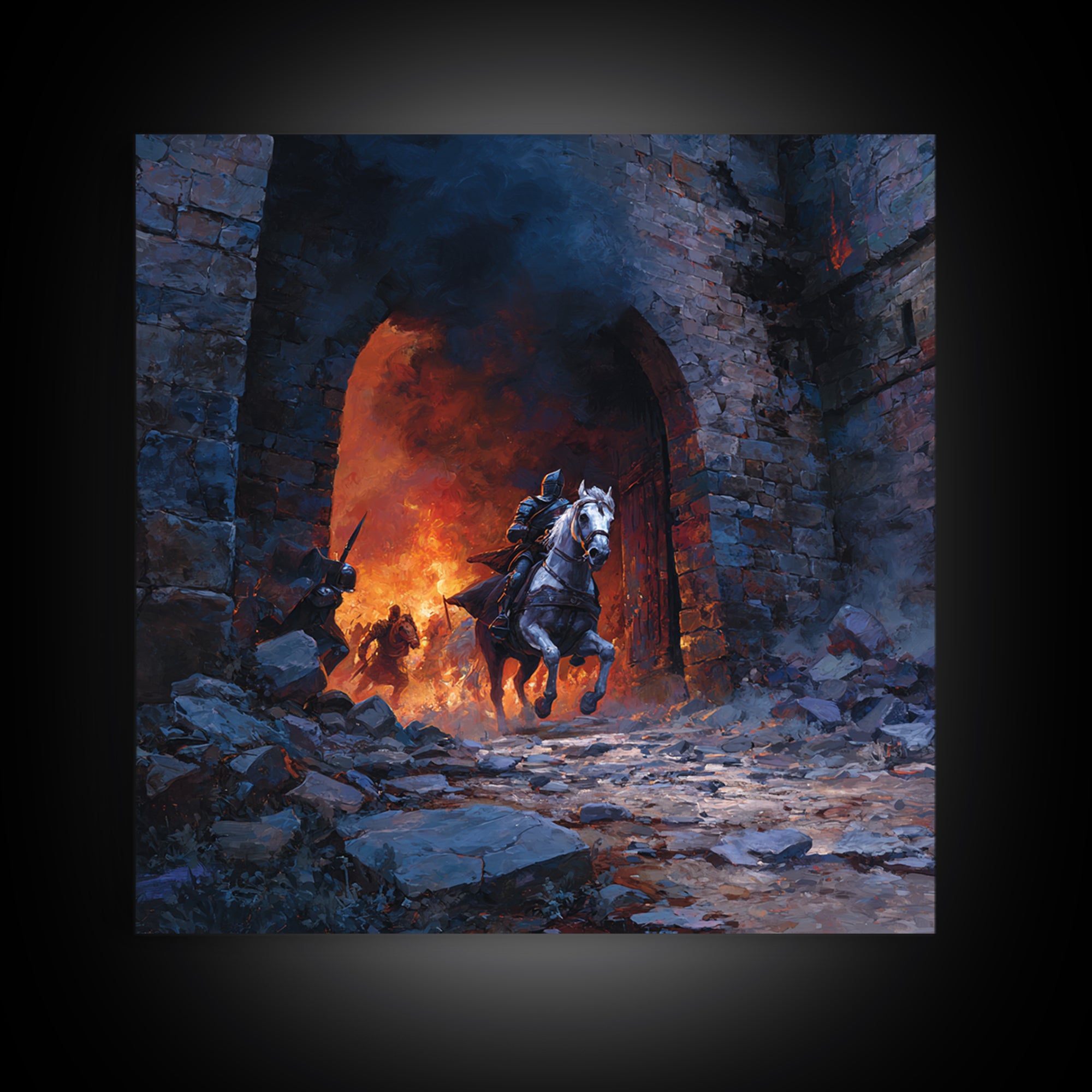 Mounted Knight Escaping Burning Castle Gate, Dark Fantasy Wall Art, Medieval Battle Canvas Print, Gothic Living Room Decor