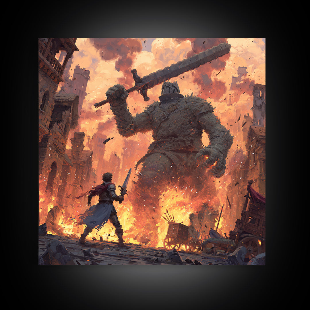 Giant Stone Warrior In Blazing City, Epic Fantasy Wall Art, Medieval Hero Canvas Print, Dramatic Game Room Decor Gift For Him
