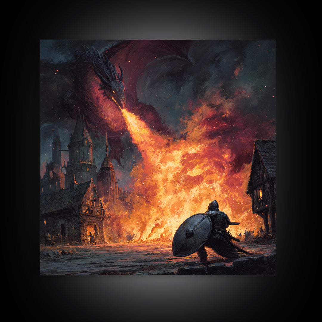 Fire Breathing Dragon Above Shielded Knight, Dark Fantasy Wall Art, Medieval Village Canvas Print, Gothic Castle Decor Gift