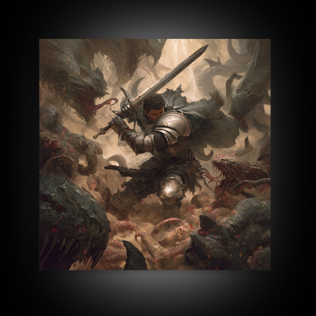 Armored Warrior Battling Monsters With Sword, Dark Fantasy Wall Art, Medieval Knight Canvas Print, Gothic Dungeon Decor Gift