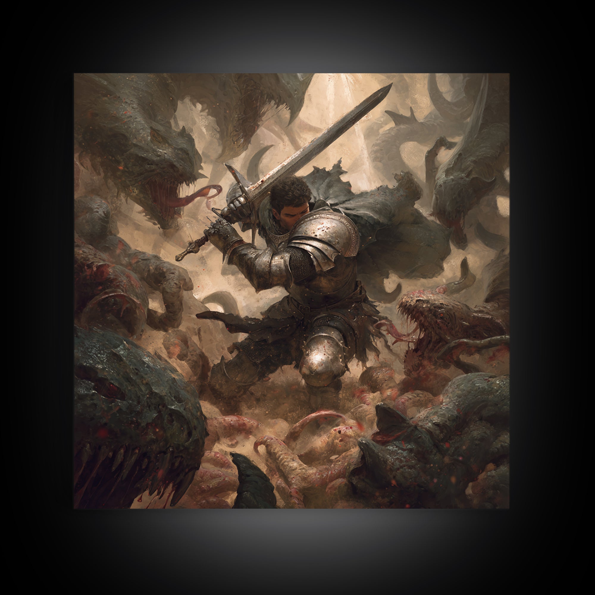 Armored Warrior Battling Monsters With Sword, Dark Fantasy Wall Art, Medieval Knight Canvas Print, Gothic Dungeon Decor Gift