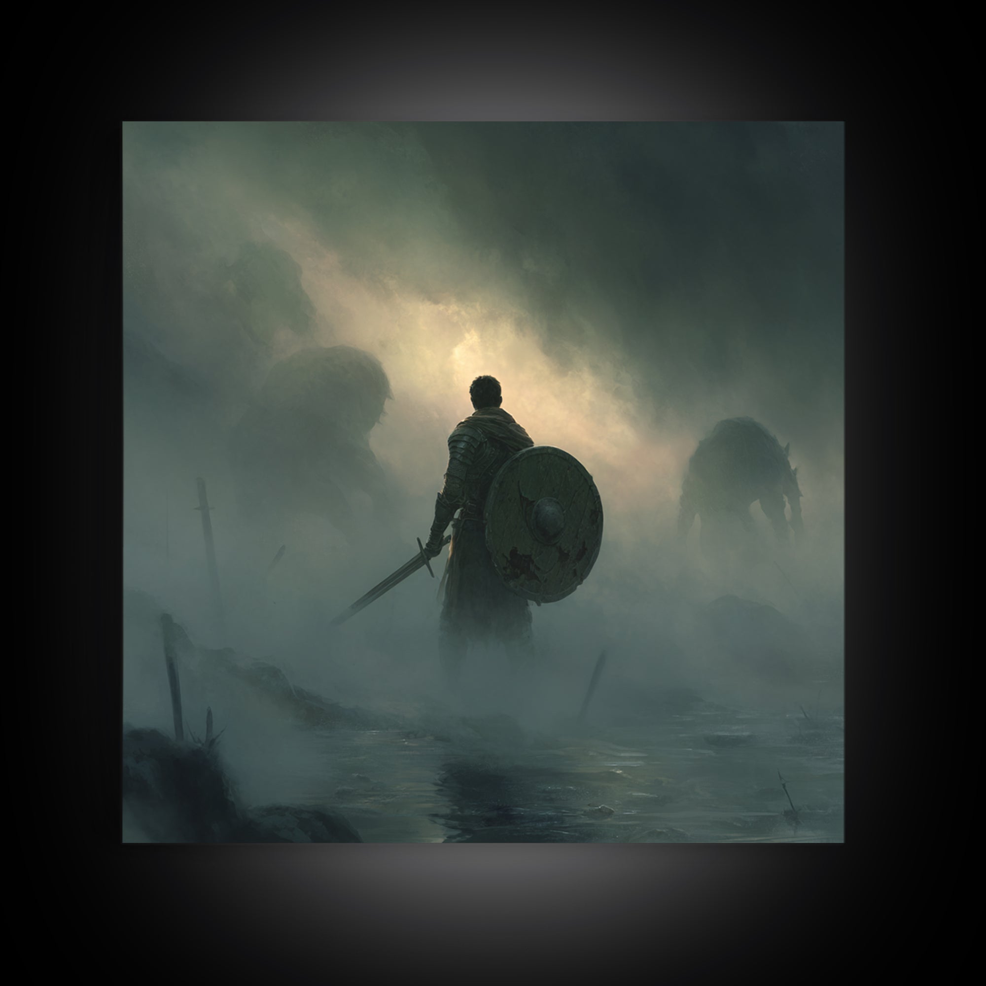 Lone Knight Facing Shadow Giants In Fog, Moody Fantasy Wall Art, Medieval Warrior Canvas Print, Dark Academia Decor Gift