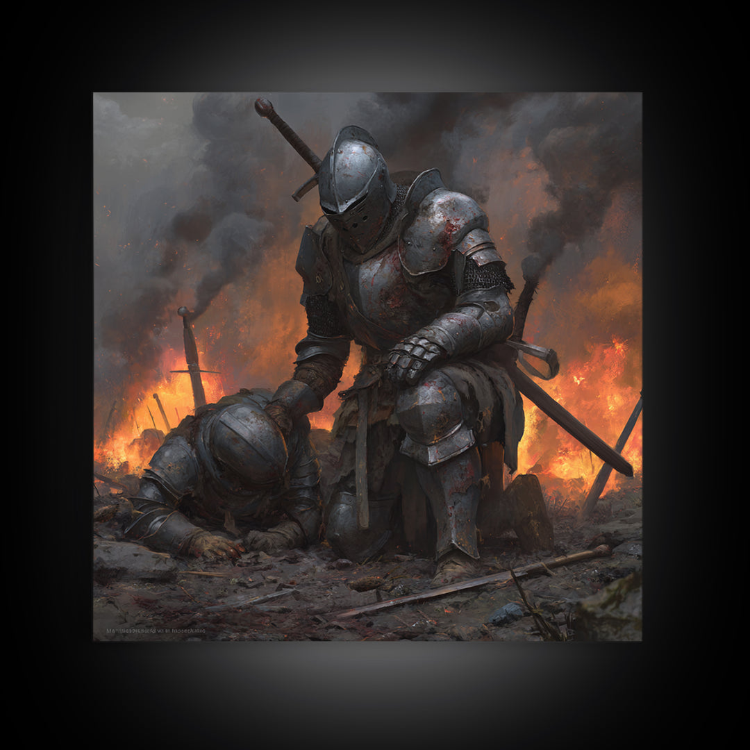 Bloodied Knight Kneeling On Fiery Battlefield, Dark Fantasy Wall Art, Medieval Armor Canvas Print, Gothic Warrior Decor Gift