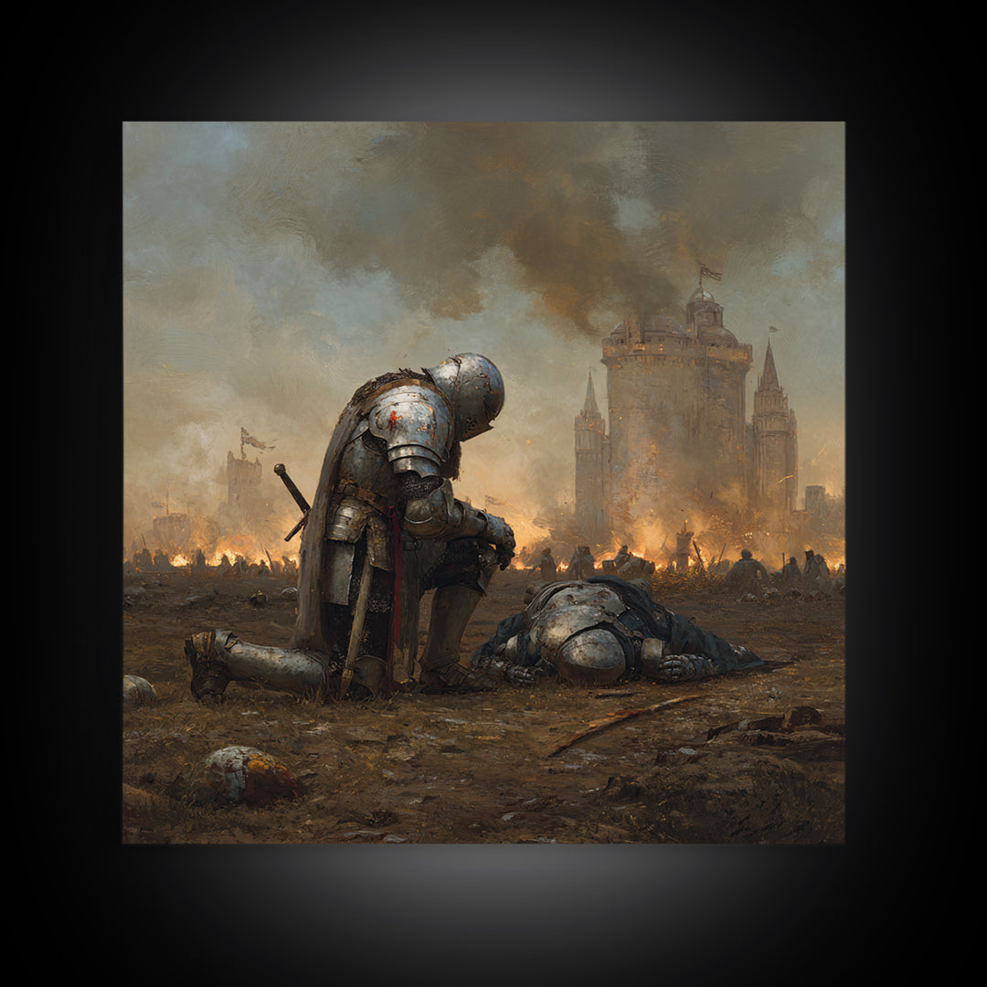 Kneeling Knight In War Torn Field By Castle, Medieval Wall Art, Dark Fantasy Canvas Print, Moody Living Room Decor Gift For Him