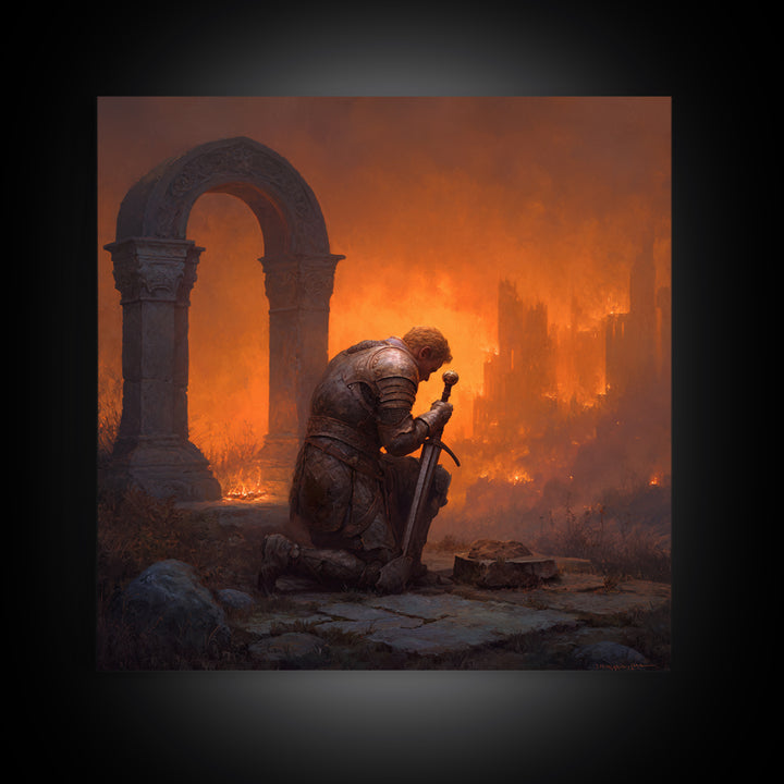 Knight Praying Beside Sword In Burning Ruins, Dark Fantasy Wall Art, Medieval Canvas Print, Gothic Castle Decor Gift For Him