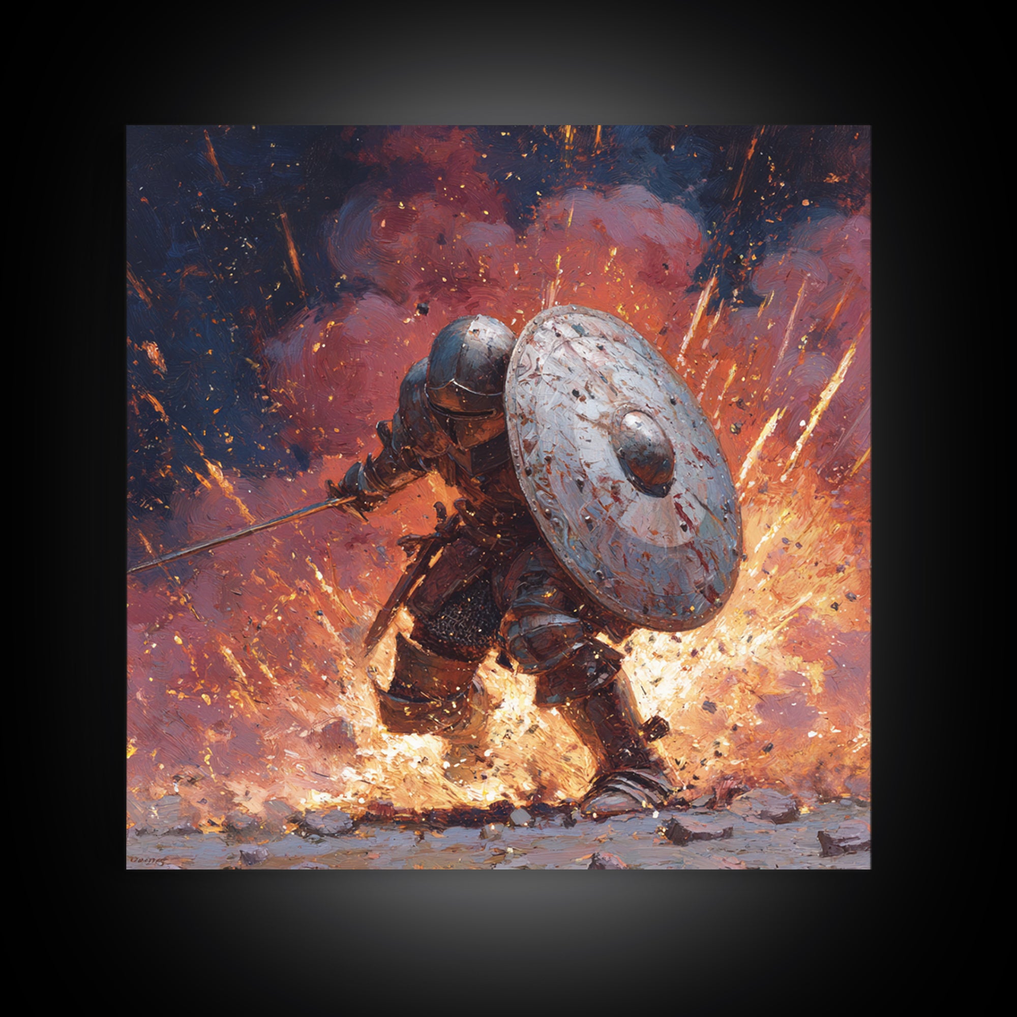 Shielded Knight Charging Through Exploding Fire, Dark Fantasy Wall Art, Medieval Battle Canvas Print, Gothic Game Room Decor