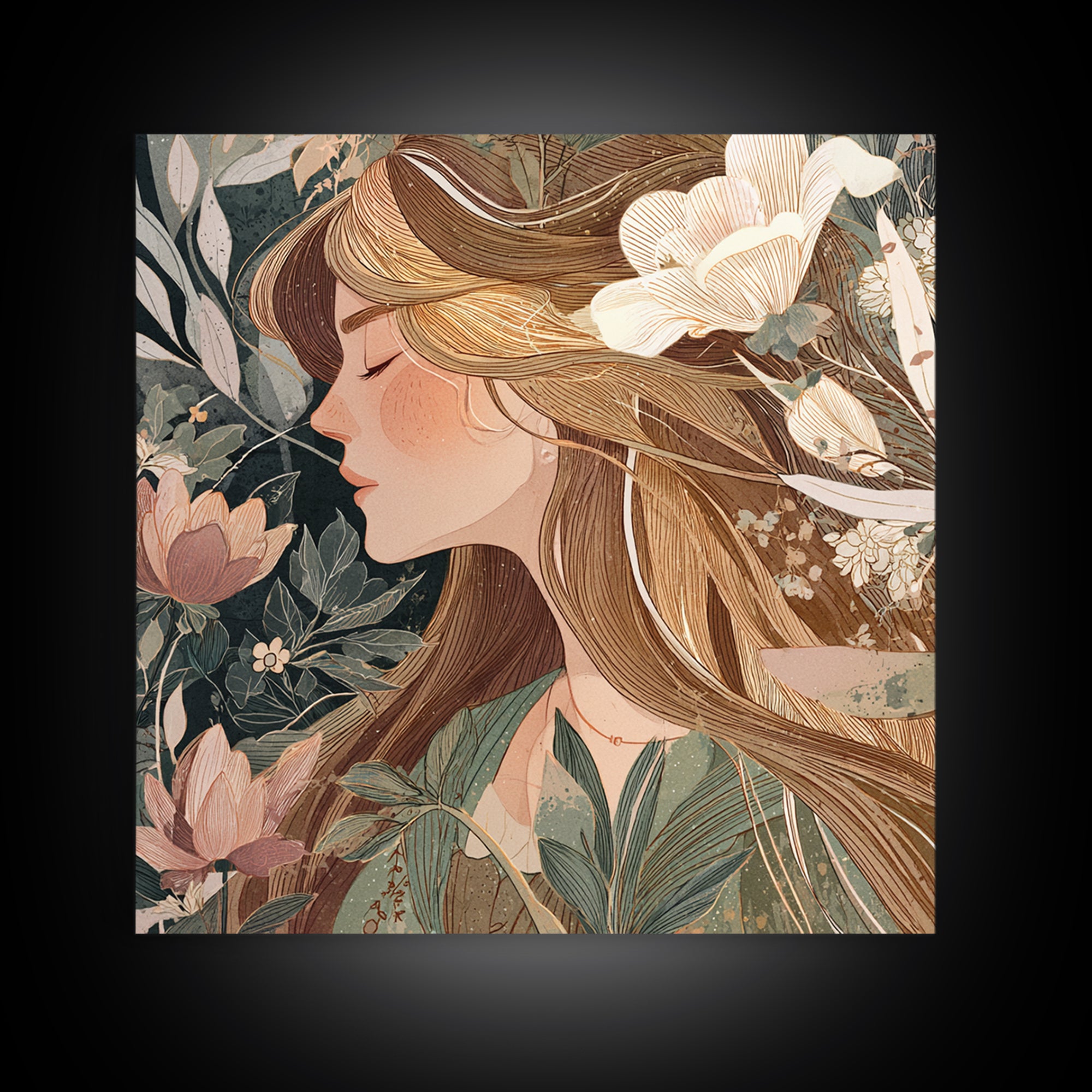 Blonde Woman In Blooming Garden Wall Art, Art Nouveau Floral Canvas Print, Feminine Botanical Decor, Romantic Bedroom Art