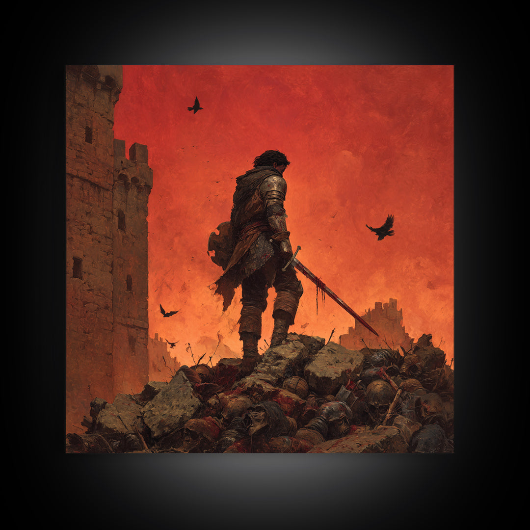Lone Medieval Warrior On Red Battlefield Wall Art, Dark Fantasy Castle Canvas, Gothic Knight Decor, Dramatic Game Room Print